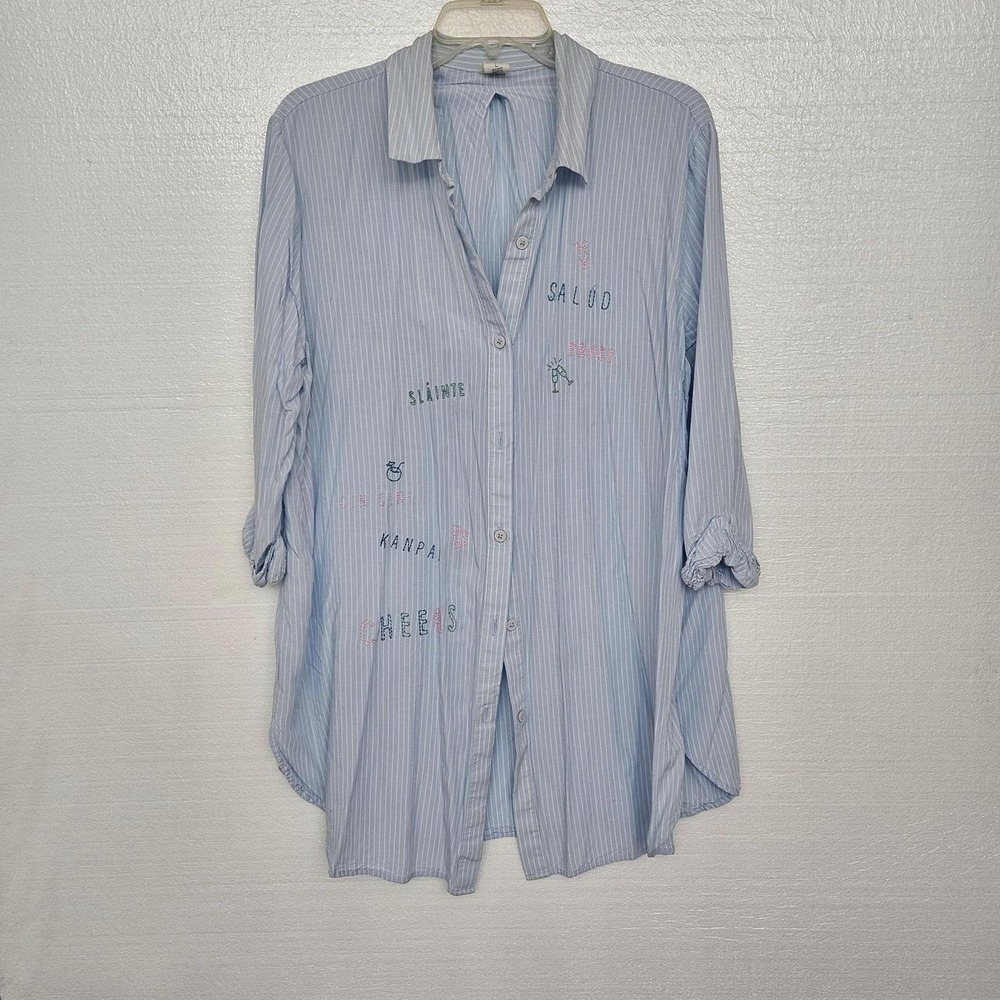 Jasmine + Ginger Blue & White Striped Button Up Sleep Shirt